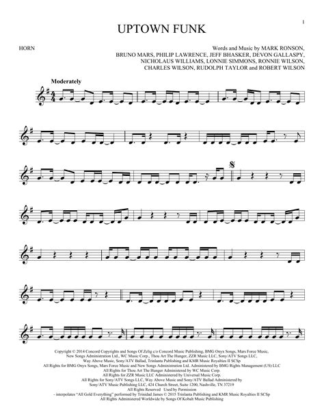 Uptown Funk Feat Bruno Mars Sheet Music Mark Ronson French Horn Solo