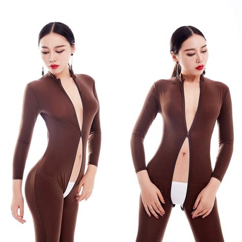 Sexy Women Two Way Zipper Open Crotch Bust Transparent Bodysuit Turtleneck Body Stockings Club