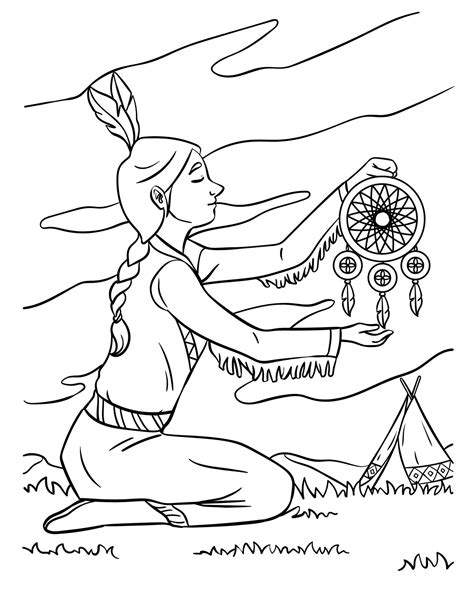 Native American Indian Girl Dreamcatcher Coloring 17197887 Vector Art