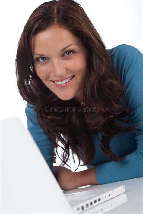 Happy Smiling Woman With Laptop Looking At Camera Stock Photo Image