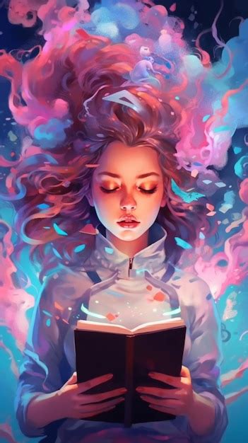 Premium Photo A Woman Reading A Book With A Pink Hair And A Blue