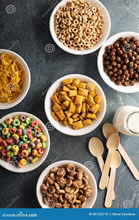Variety Of Cold Cereals In White Bowls Stock Image Image Of Crunchy