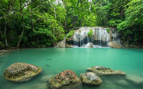 Download Wallpapers Beautiful Green Lake Waterfall Tropical Forest Thailand Stones Jungle