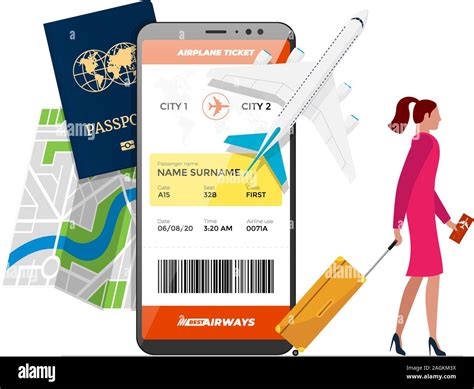 Online Flight Booking Service Concept Woman With Luggage Book Airplane