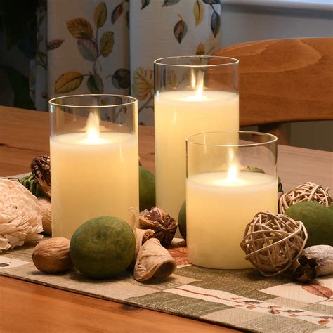 Motion Flame Led Glass Wax Candles Hurricane Set Of 3