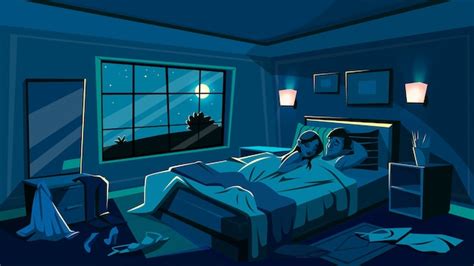 Los amantes duermen en la cama ilustración de un dormitorio en la noche con ropa desnuda