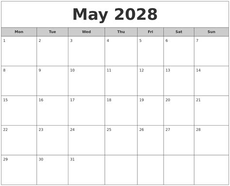 May 2028 Free Monthly Calendar