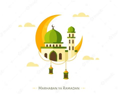 Marhaban Ya Ramadan Background With Crescent And Mosque Elements