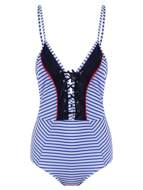 45 Off Lace Up Striped One Piece Swimwear Rosegal