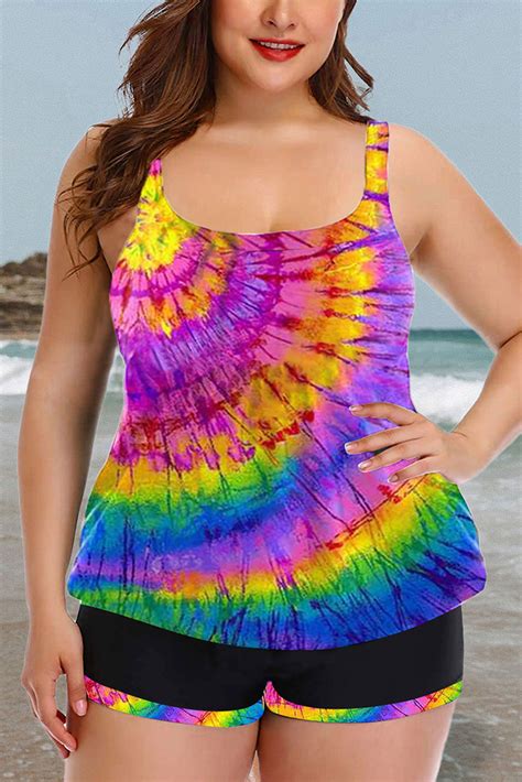 Womens Plus Size Rainbow Swirl Tie Dye Tankini With Shorts Square Neck Pocket Padded Two Piece