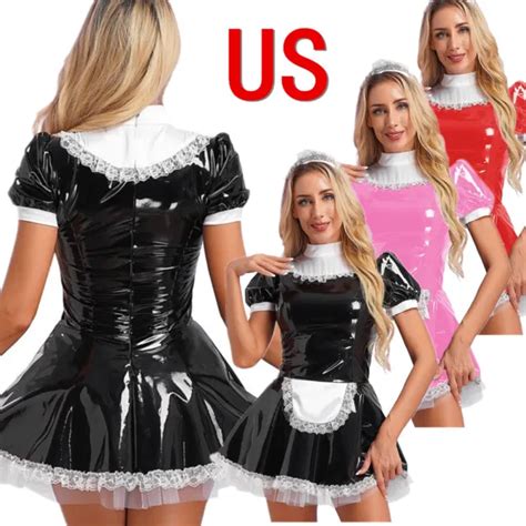 Us Women S Wet Look Leather French Maid Costume Outfits Apron Fancy Mini Dress 17 10 Picclick