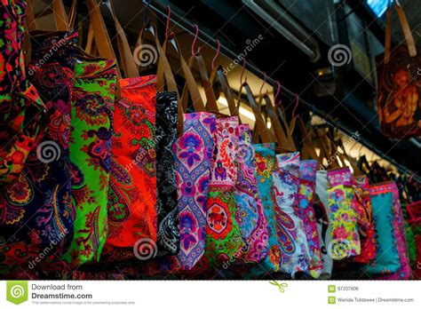 Colorful Bags Shopping At Chatuchak Market In Bangkok Stock Photo