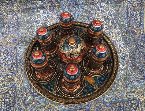 Turkish Tea Serving Set With Colorful Tray For 6 Copper Tea Etsy