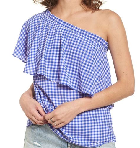 Bp New Blue Womens Size Large L Gingham Plaid One Shoulder Blouse 45