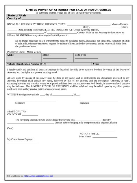 Power Of Attorney For Sale Of Motor Vehicle Utah Form Fill Out And