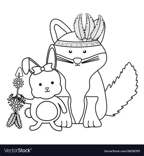 Cute Fox And Rabbit With Feathers Hat Arrow Vector Image
