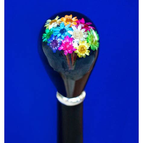 Real Dried Flower Clear Lucite Knob Handle Walking Stick With Black Be