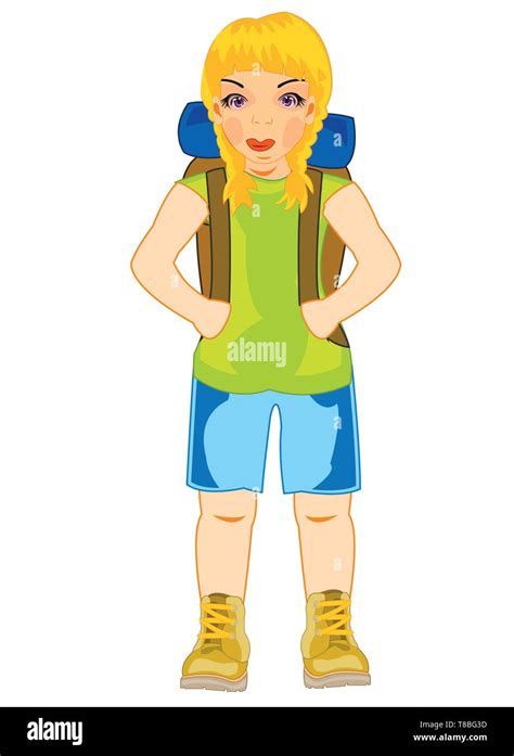 Vector Illustration Of The Young Girl Of The Tourist With Rucksack