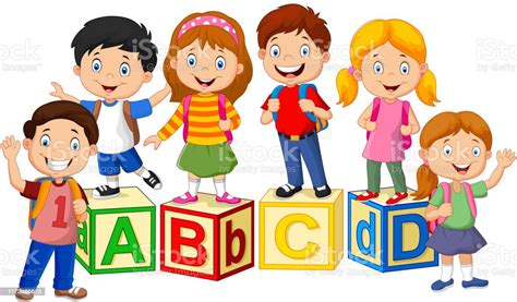 Happy School Children With Alphabet Blocks Stock Illustration