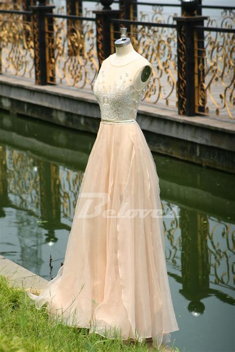 Nude Tulle Illusion Neckline Formal Prom Dress With Beaded Bodice