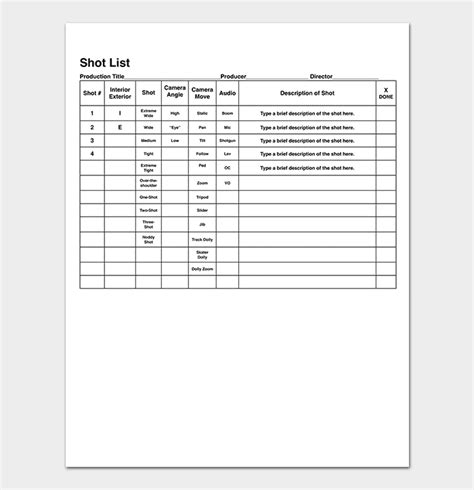 Shot List Template For Word Excel PDF Format