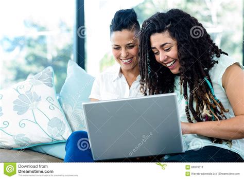 Happy Lesbian Couple Using Laptop Stock Image Image Of Abode Adult 66973011