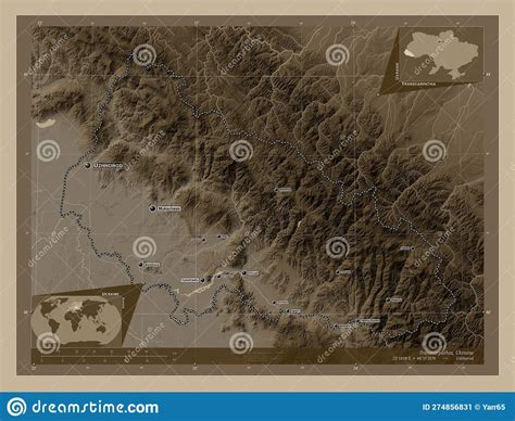 Transcarpathia Ukraine Sepia Labelled Points Of Cities Stock