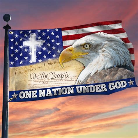 One Nation Under God Christian Cross American Eagle Grommet Flag