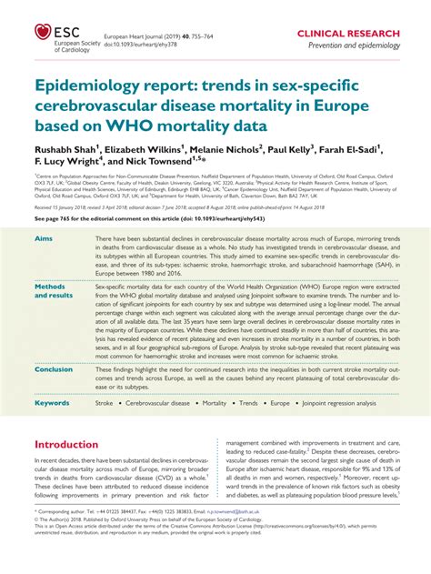 Pdf Epidemiology Report Trends In Sex Specific Cerebrovascular Disease Mortality In Europe