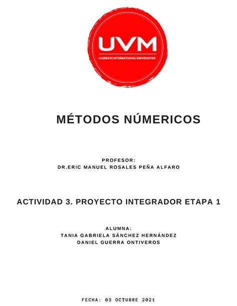 MÉtodos NÚmericos Actividad 3 Proyecto Integrador Etapa 1 Alumna