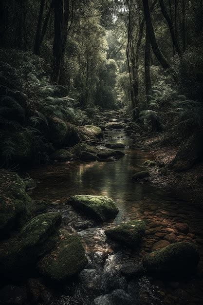 Premium Ai Image A River Runs Through A Forest With Mossy Rocks And A
