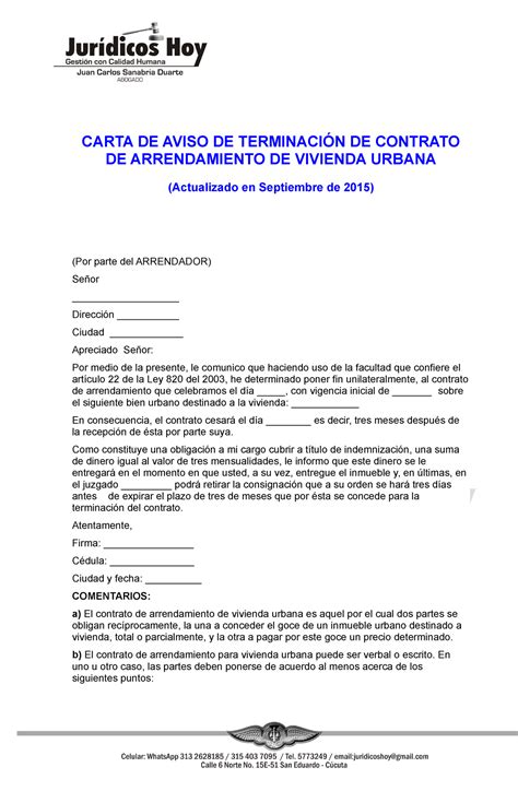 Carta De Aviso De Terminaci N De Contrato De Arrendamiento De Vivienda