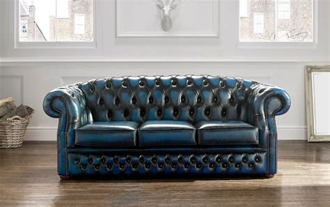 Chesterfield Buckingham Leather Sofa 3 Seater Antique Blue