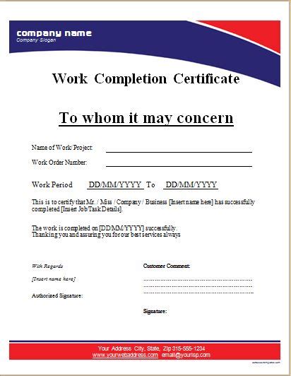 Work Completion Certificate Templates For MS WORD Word Excel Templates