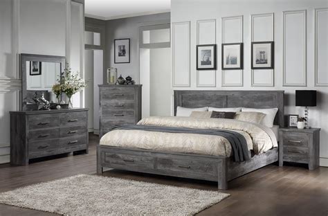 Bedroom furniture chest of drawers wardrobes bedside tables dressing tables blanket boxes mirrors stools dressing table mirrors beds single beds 3' double beds 4' 6' king size beds 5' super king size beds 6' children's beds Vidalia Storage Rustic Gray Oak Bedroom Set | KFROOMS