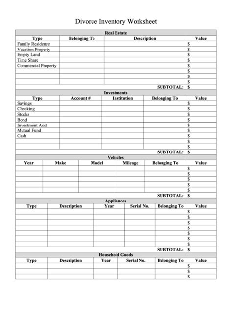 Divorce Inventory Worksheet Printable Pdf Download