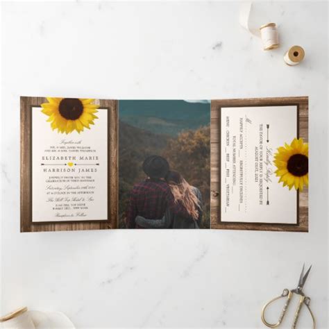 Country Rustic Sunflower And Wood Wedding Suite Tri Fold Invitation