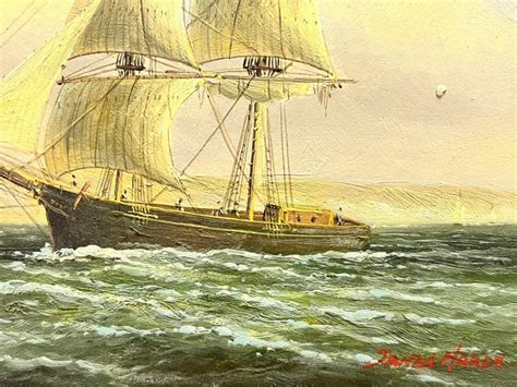 James Hardy Classic Tall Sailing Ship In Choppy Waters Off Coastline