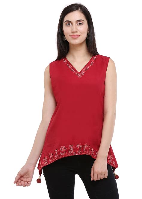 Get Floral Embroidered Trim Red Sleeveless Top At ₹ 495 Lbb Shop