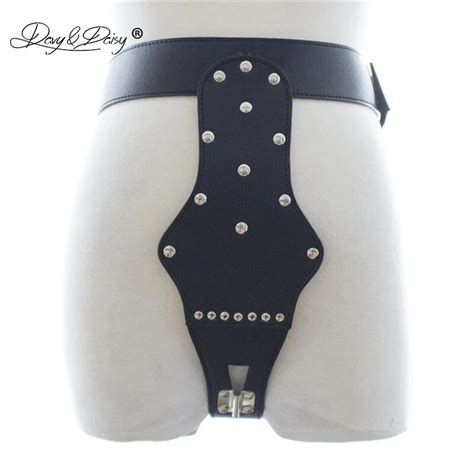Buy Davydaisy Women Chastity Belt Lock Rivets Sexy Panties Pu Leather Thong