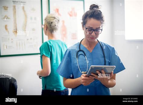 Two Professional Nurses In Office Looking Through Some Medical