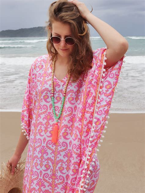 Pink Beach Kaftan Short Ikat Print Caftan Dress With Pom Etsy Kaftan