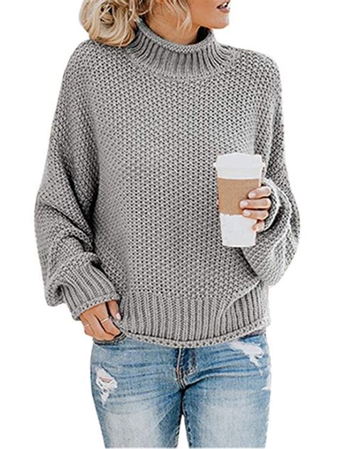 Womens Long Sleeve Sweaters Turtleneck Loose Soft Knitted Casual