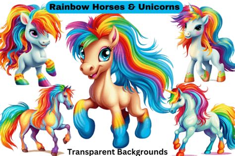 12 Png Rainbow Horses And Unicorns Clipart Graphic By Imagination Station