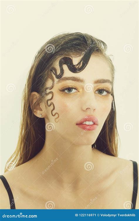 Pretty Girl With Cute Curly Lock Isolated On White Background Stock