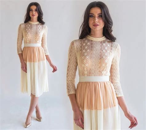 Romantic Ivory Cocktail Flowy Dress With Lace Top And Sleeves Nude