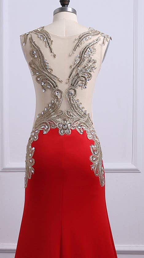 red mermaid long prom dresses sexy backless gold lace beaded chiffon women formal evening dress