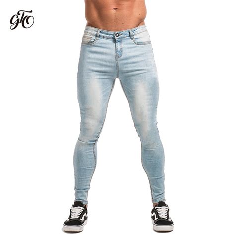 Gingtto Skinny Jeans For Guys Stretch Jeans Light Blue Ripped Denim
