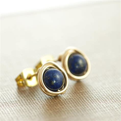 Lapis Lazuli Post Earrings Wrapped In 14k Gold Fill Blue Etsy
