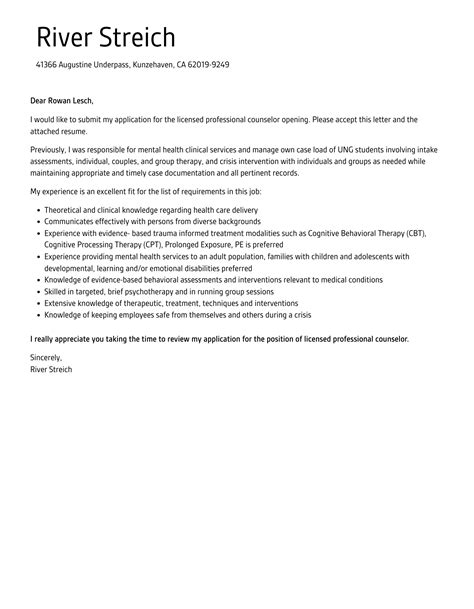 Licensed Professional Counselor Cover Letter Velvet Jobs